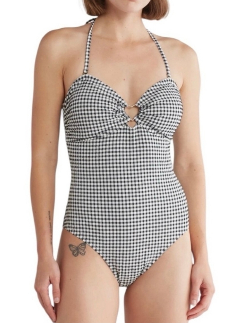 {XL} Betsey Johnson Retro Black Gingham Halter Bandeu Cut Out One Piece Swimsuit